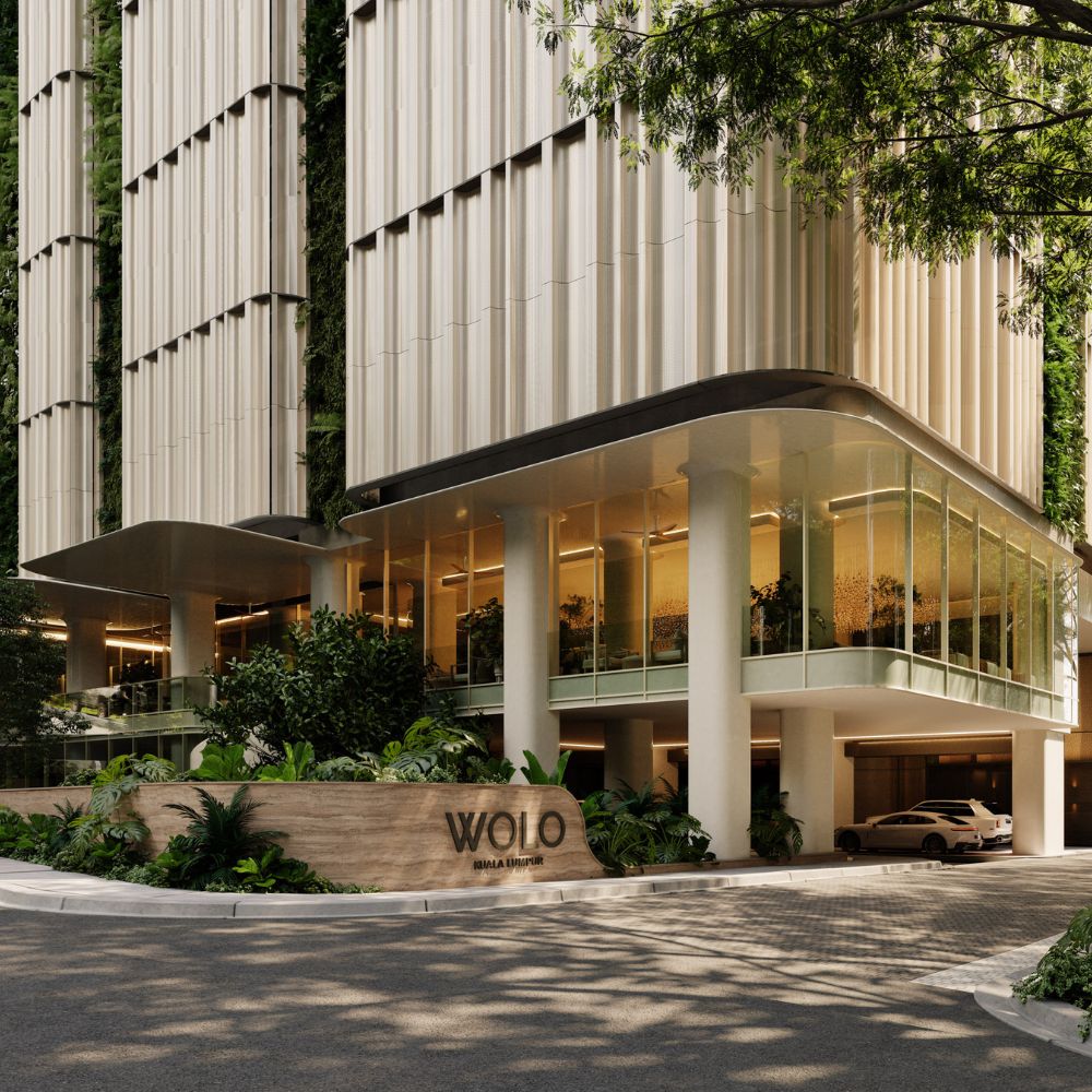 Architectural facade of WOLO in Kuala Lumpur featuring vertical clay inspired panels, soft curved textures, and a modern high rise form that reflects the city’s layered earth, cultural diversity, and fluid design concept by Openbox Architects.