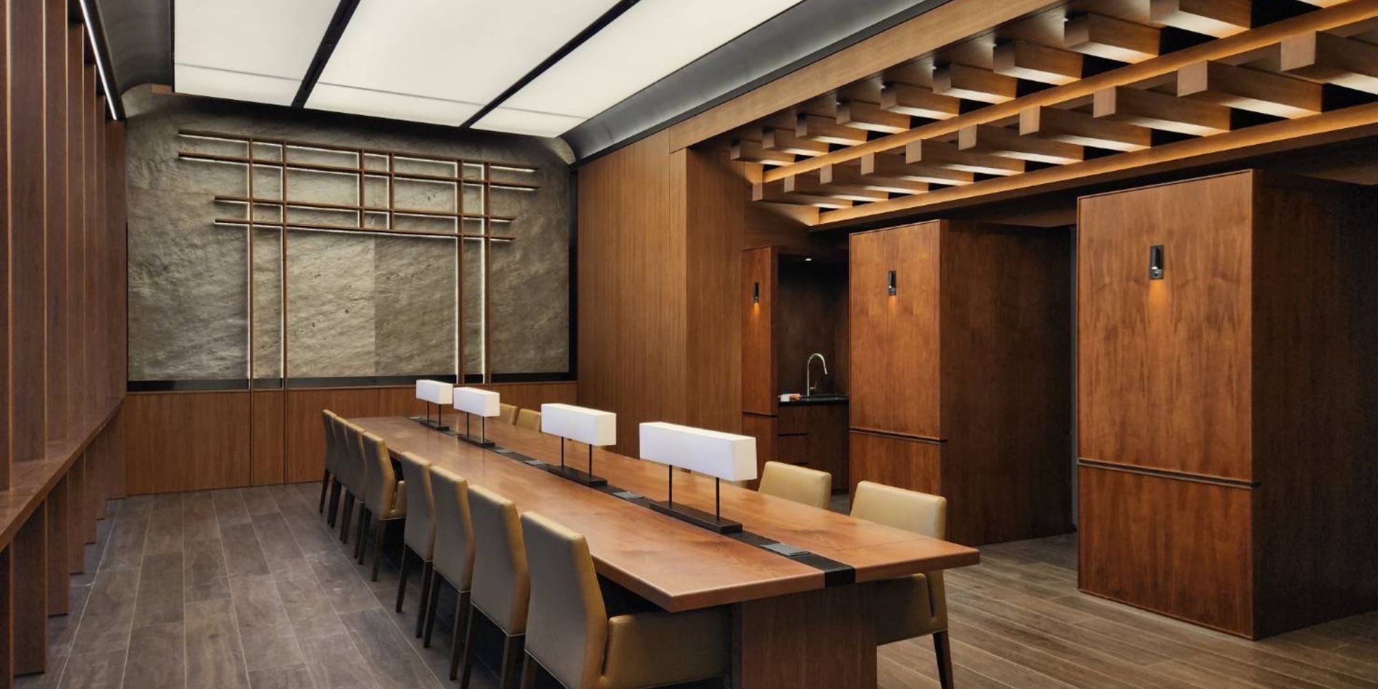 Modern wooden meeting room design in Seoul with warm lighting